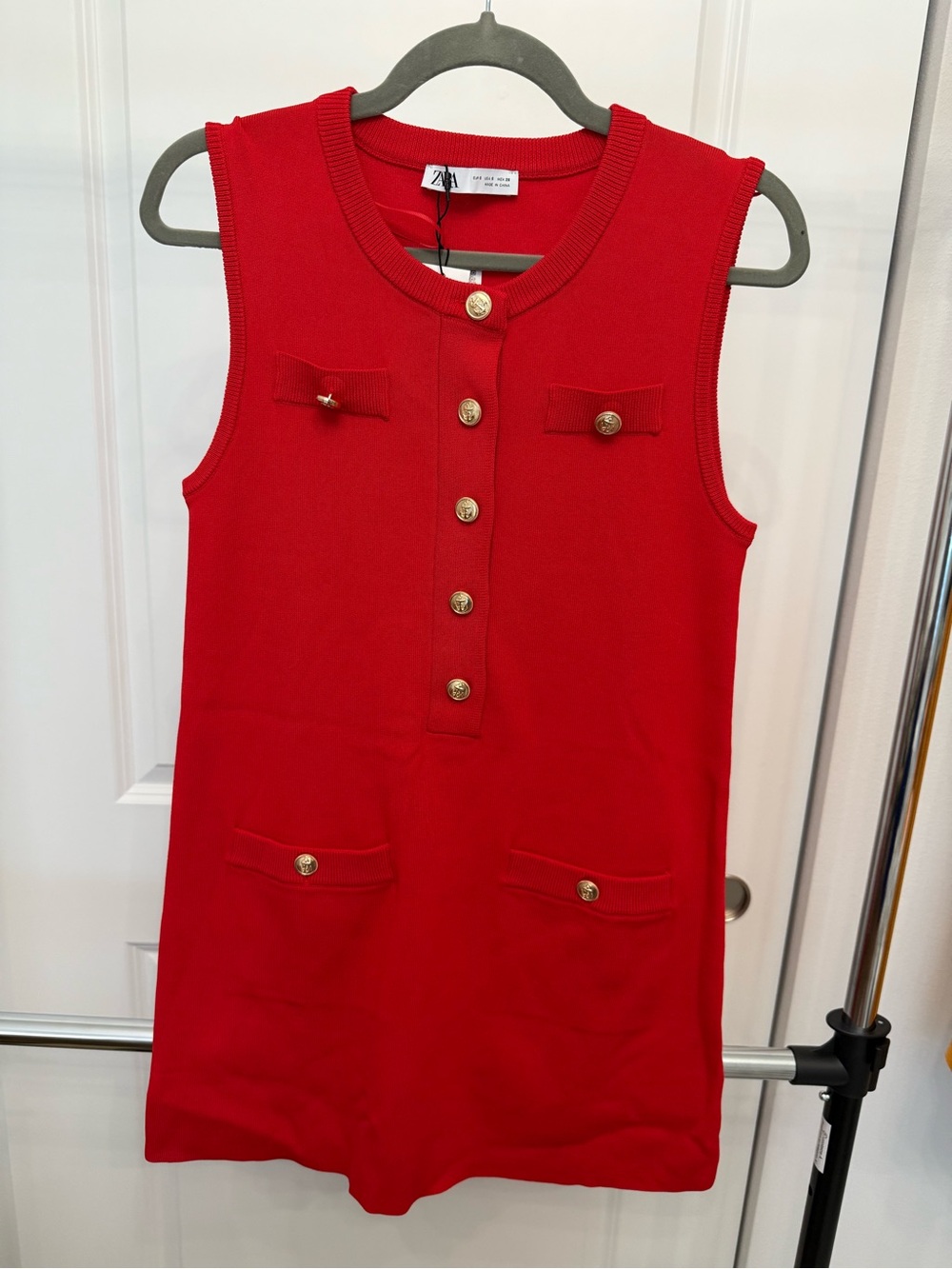 Zara Red Sleeveless Knit Dress with Gold Buttons